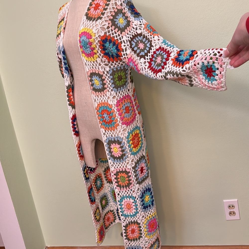 BIBI Handmade Granny Square Crochet Cardigan swim suit coverup long cardigan L - Picture 11 of 12